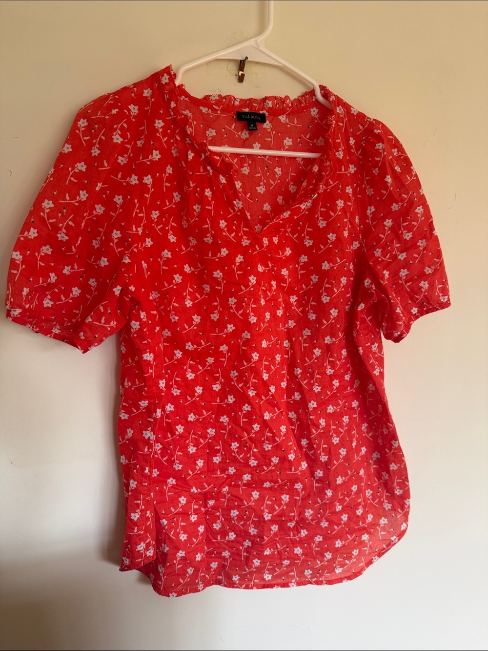 Talbots Red Floral V-Neck Puff Sleeve Blouse